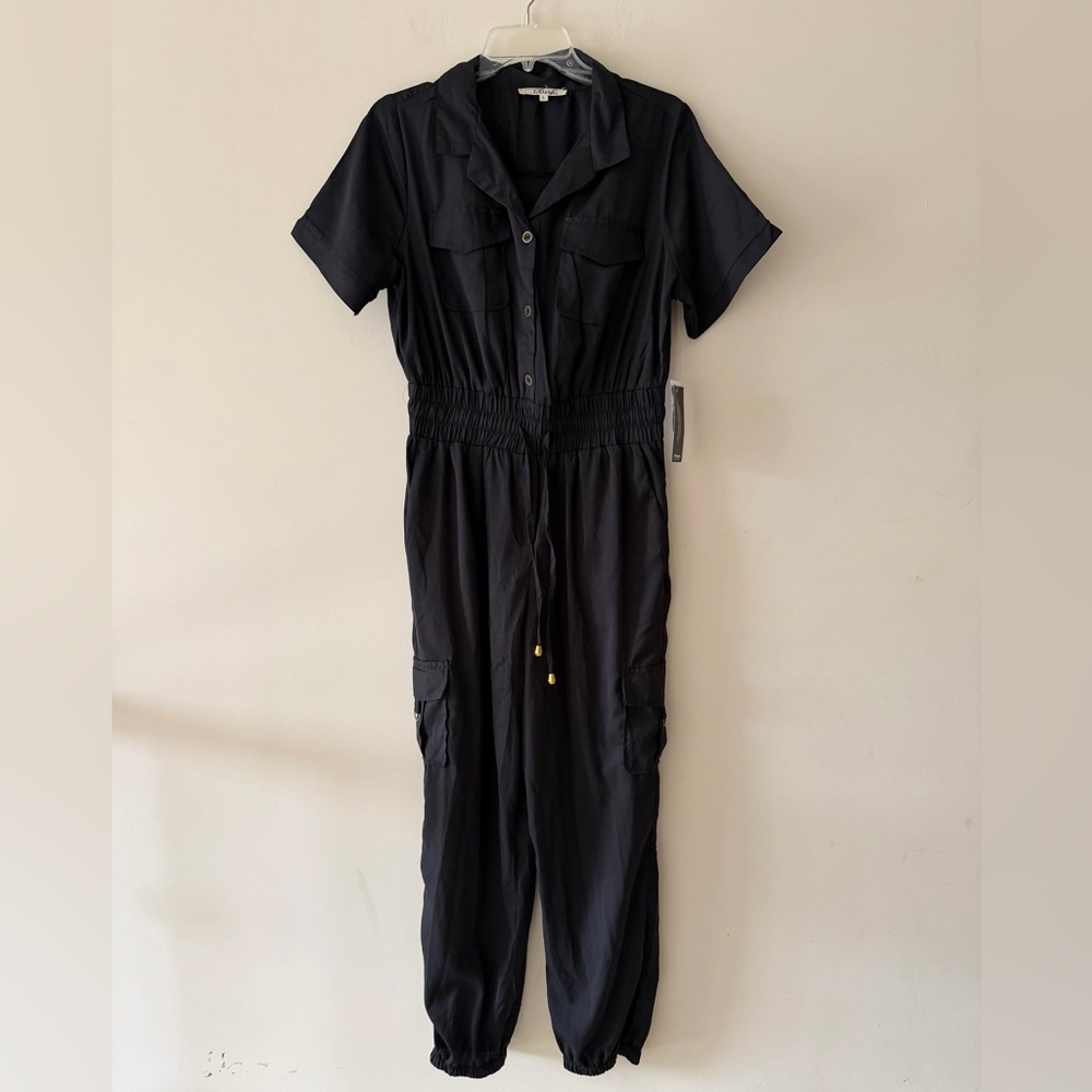 Stylish Short Sleeve Button Front and Drawstring Waist Black Jumpsuit